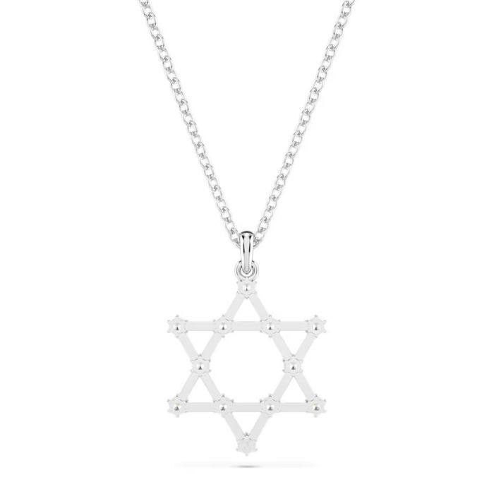 Vista traseira de um colar prateado Swarovski com um pendente de uma estrela de seis pontas.