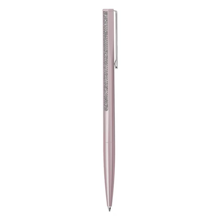 Esferográfica rosa da Swarovski, na vertical, com cristais incolores cravados na parte superior.
