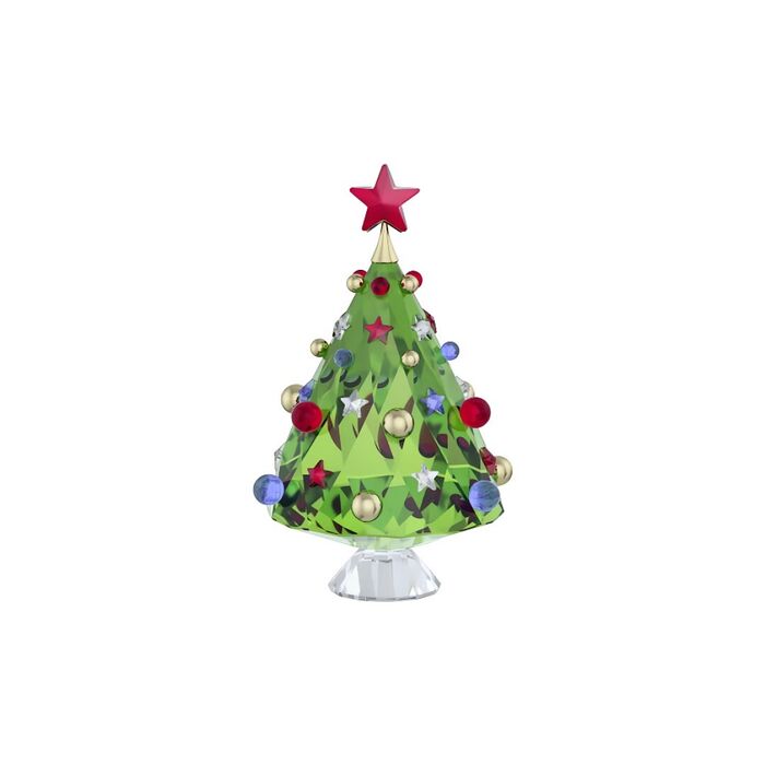 Árvore de natal verde em vidro da Swarovski com bolas e estrelas coloridas.