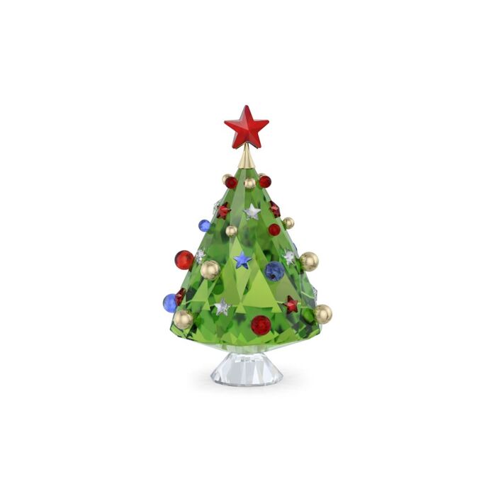 Pinheiro de natal verde em vidro da Swarovski com bolas e estrelas multicoloridas.