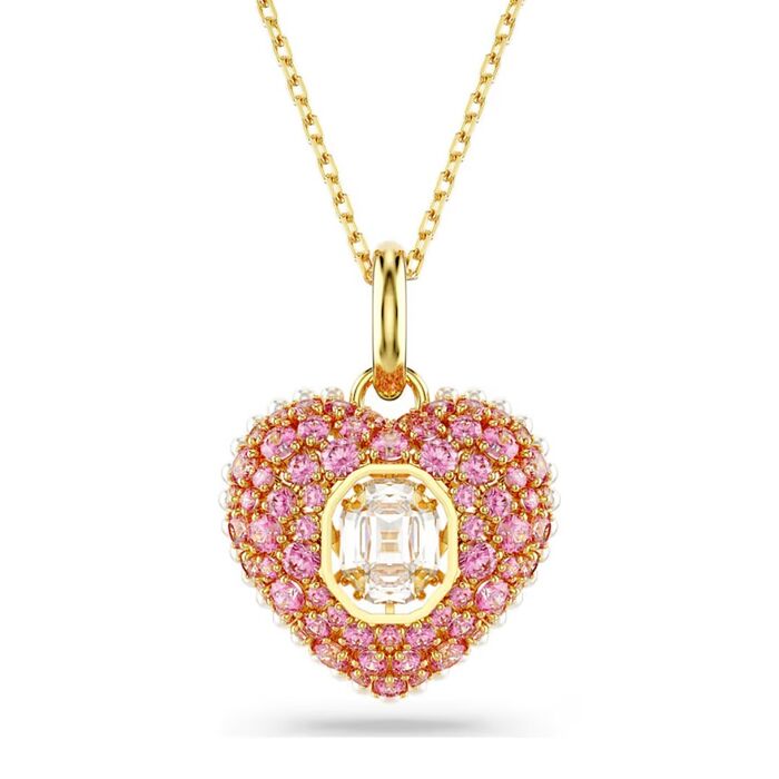 Colar dourado Swarovski com um pendente de um coração cravado de cristais e com pérolas à volta.