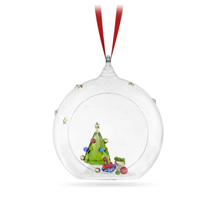 Bola de natal Swarovski em vidro com estrelas e com um pinheiro, bolas e prendas no interior.