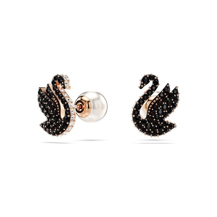Brincos Swarovski em rose gold, de frente e lado, com dois cisnes cravados de cristais pretos.