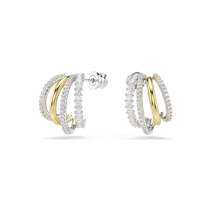 Argolas bicolores da Swarovski com três aros prateados com cristais e um aro dourado polido.