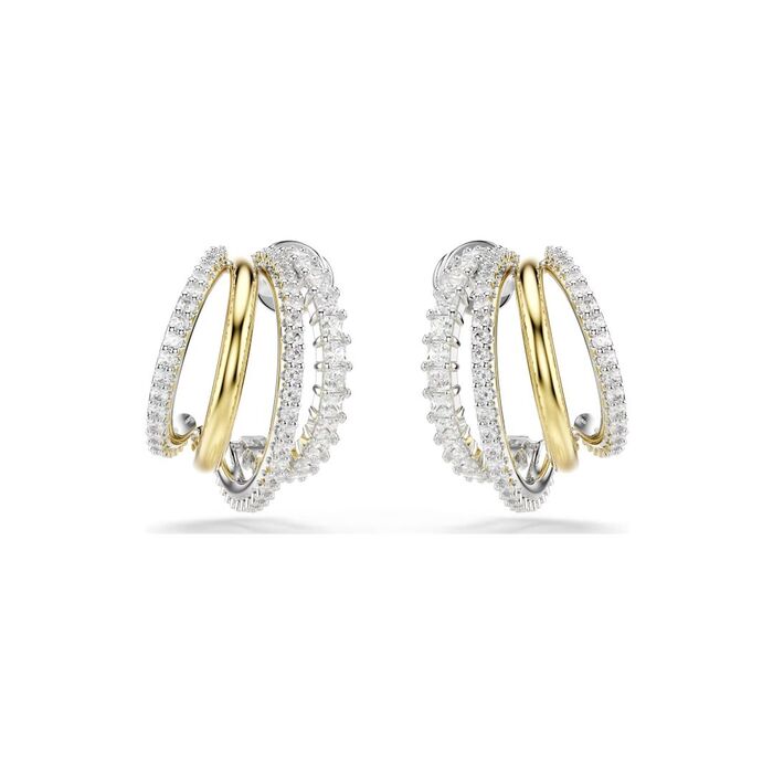 Argolas Swarovski bicolores com três aros prateados cravados de cristais e um aro dourado polido.