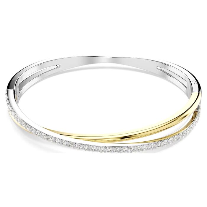 Pulseira Swarovski com dois aros entrelaçados em dourado e em prateado com cristais cravados.