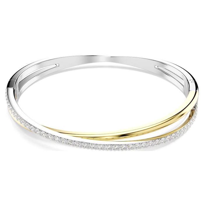 Pulseira Swarovski com dois aros entrelaçados em dourado e em prateado com cristais cravados.