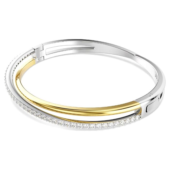 Pulseira Swarovski, de lado, com dois aros entrelaçados em dourado e prateado com pedras cravadas.