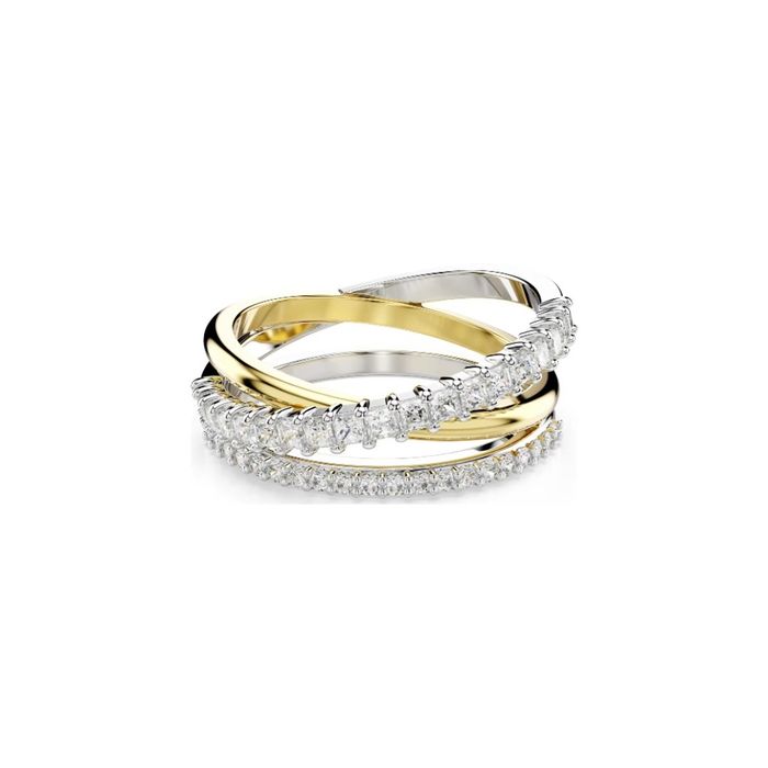 Anel Swarovski pousado com 3 aros, um dourado e dois prateados cravados de cristais incolores.
