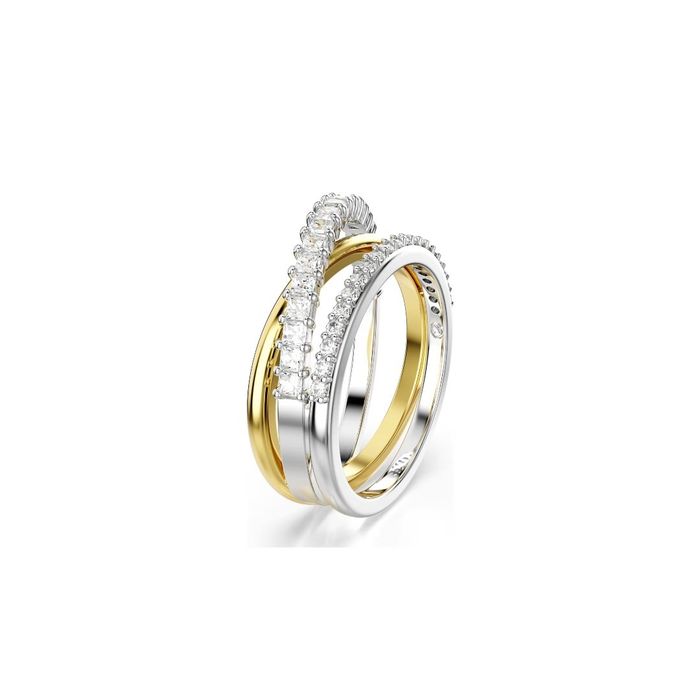 Anel Swarovski na vertical com 3 aros, um dourado e dois prateados cravados de cristais incolores.