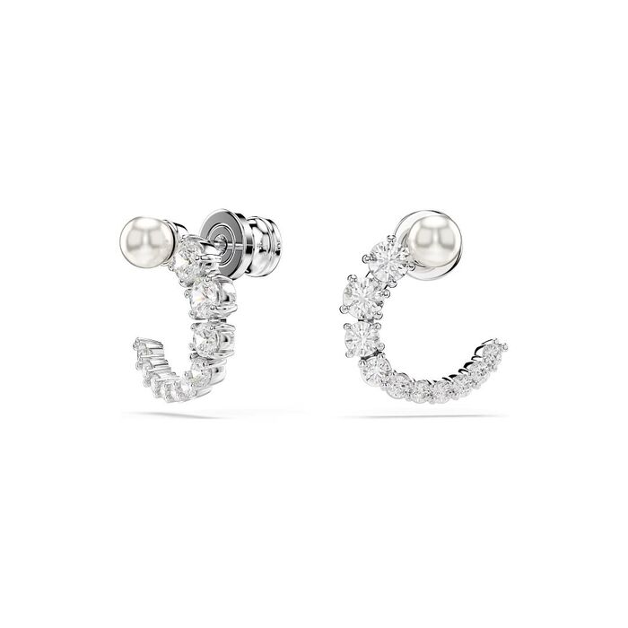 Brincos prateados em estilo argola da Swarovski cravados de cristais e uma pérola no topo.