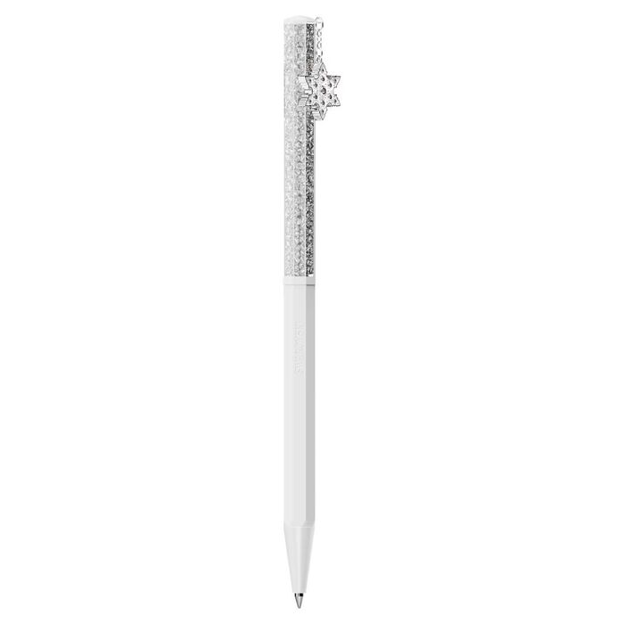 Esferográfica branca Swarovski na vertical com cristais e um pendente em estrela na parte superior.