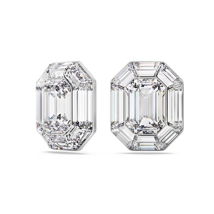 Brincos Swarovski prateados, de frente e lado, preenchidos de cristais incolores na forma octogonal.
