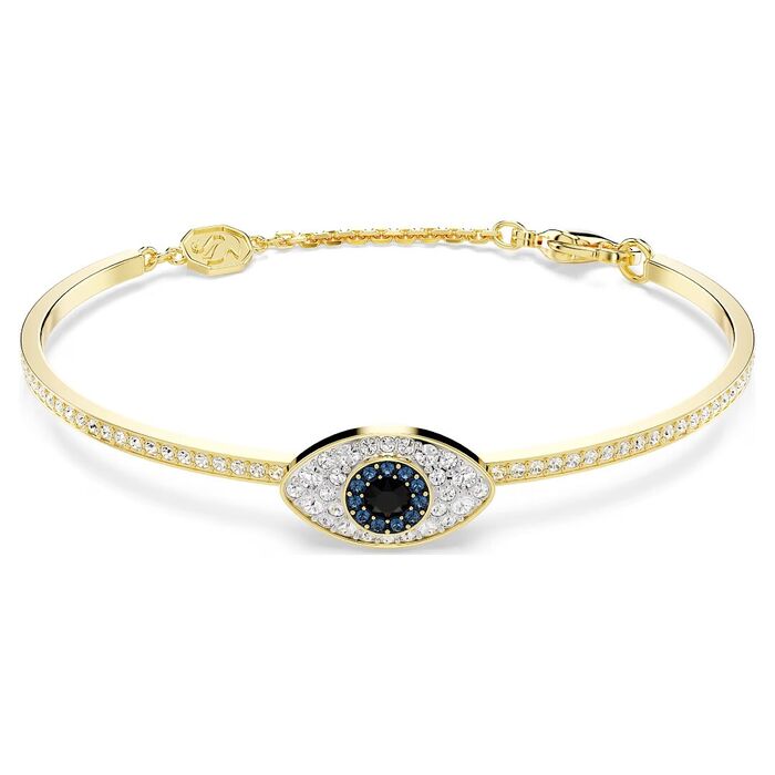 Pulseira dourada Swarovski com um topo em forma de olho cravado de cristais brancos, azuis e preto.