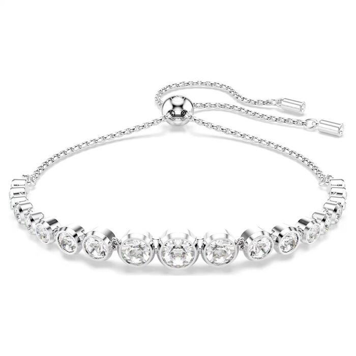 Pulseira prateada Swarovski de fecho em bola deslizante e com cristais incolores na frente.