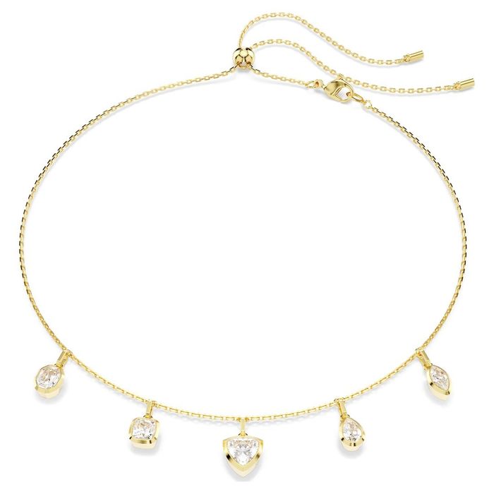 Colar Swarovski em dourado com 5 pendentes com cristais incolores de diferentes formas.