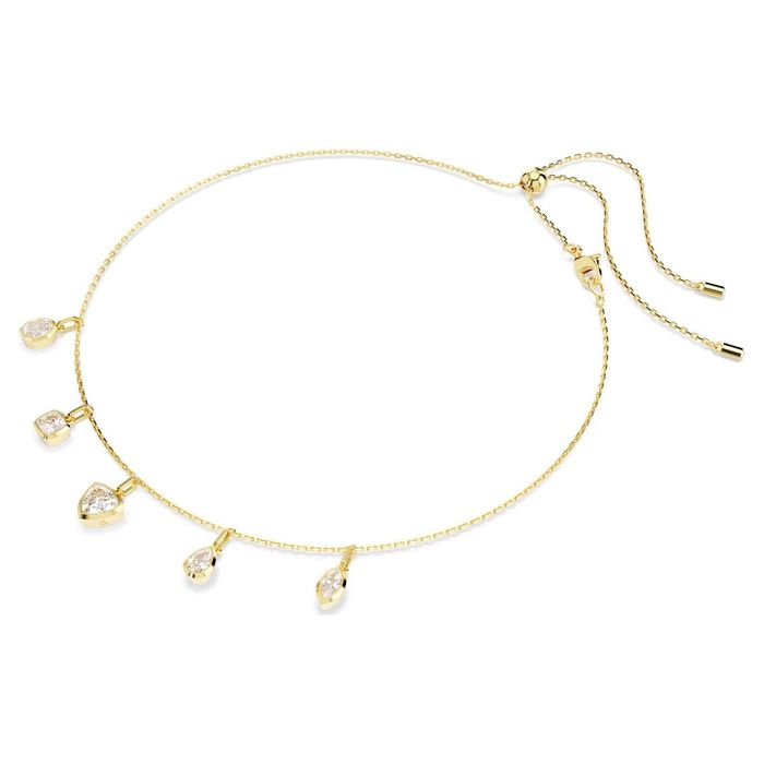 Colar Swarovski dourado, numa vista lateral, com 5 pendentes com cristais de diferentes formas.