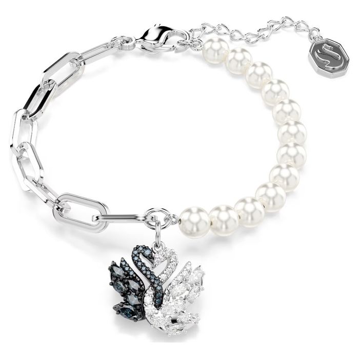 Pulseira com pérolas da Swarovski com um pendente de dois cisnes com cristais pretos e brancos.