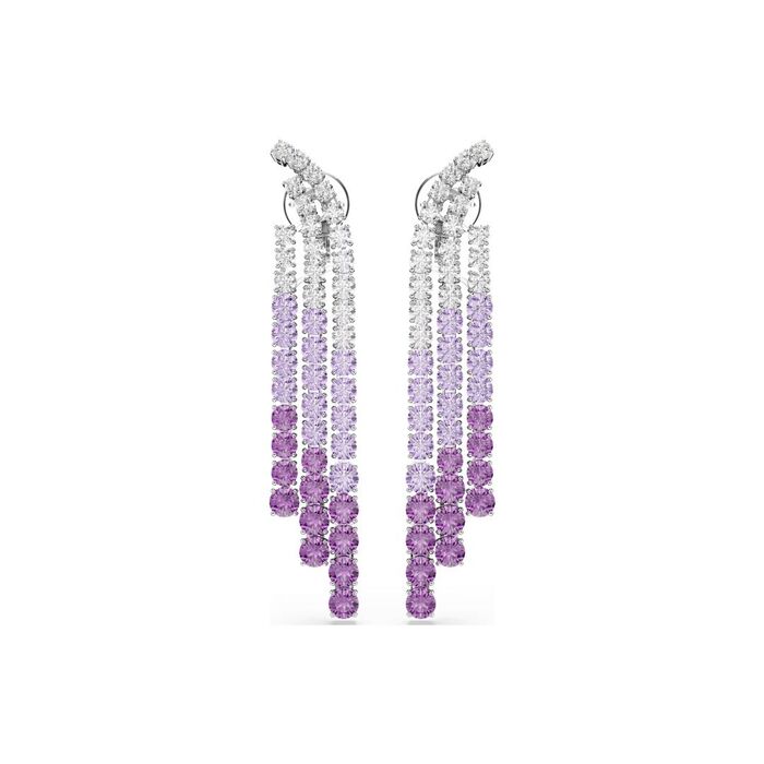 Brincos verticais prateados da Swarovski com três filas de cristais em gradiente incolor para roxo.