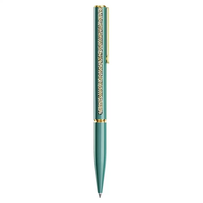 Esferográfica verde da Swarovski, na vertical, com uma fila de cristais cravados na parte superior.