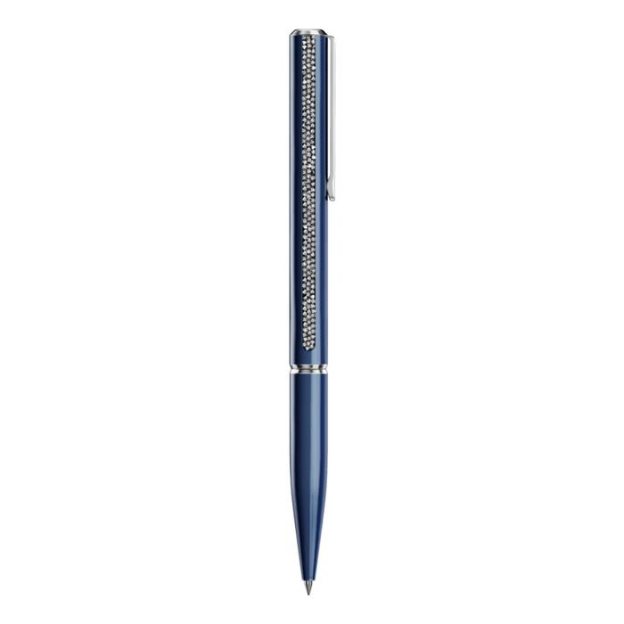 Esferográfica azul da Swarovski, na vertical, com uma fila de cristais cravados na parte superior.