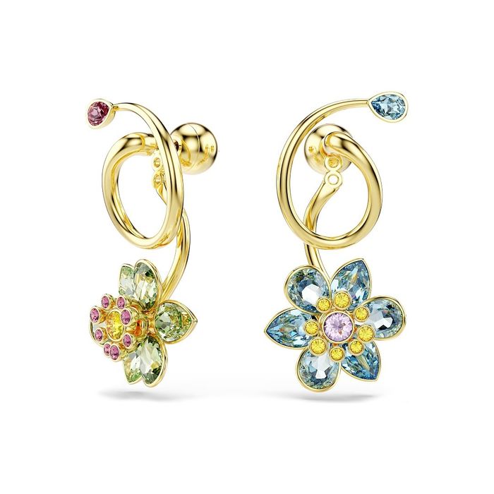 Brincos Swarovski em forma de flores com caule e cristais coloridos de cores diferentes em cada um.