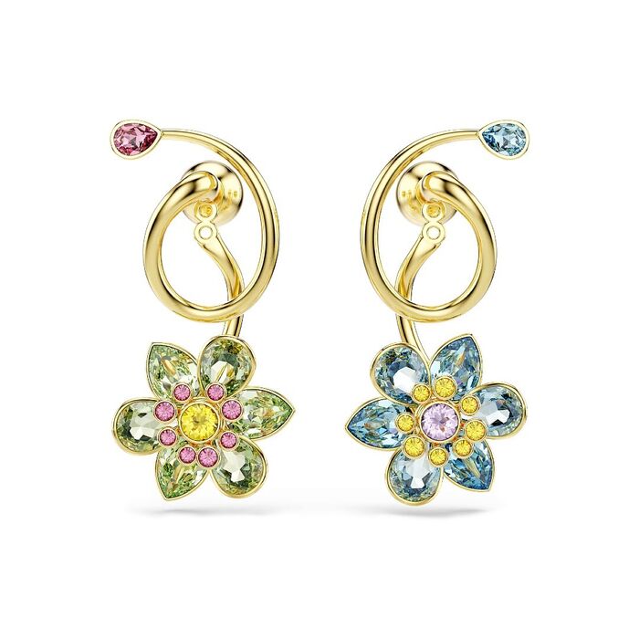 Brincos Swarovski em vista frontal de flores coloridas com uma linha dourada em espiral até o caule.