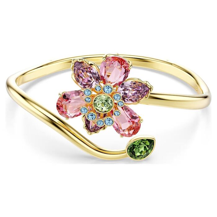Pulseira Swarovski dourada com uma flor com caule com cristais rosa, azuis e verdes.