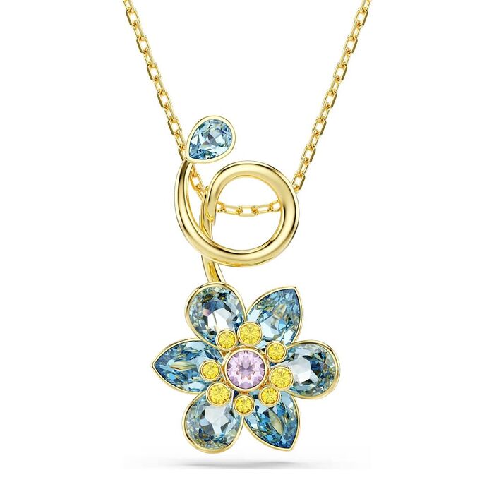 Colar Swarovski dourado com um pendente em forma de flor com caule e cristais azuis, amarelo e roxo.