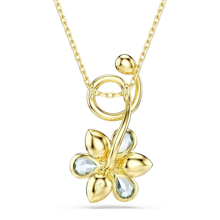 Vista traseira de um colar Swarovski dourado com um pendente em flor com caule e cristais azuis.