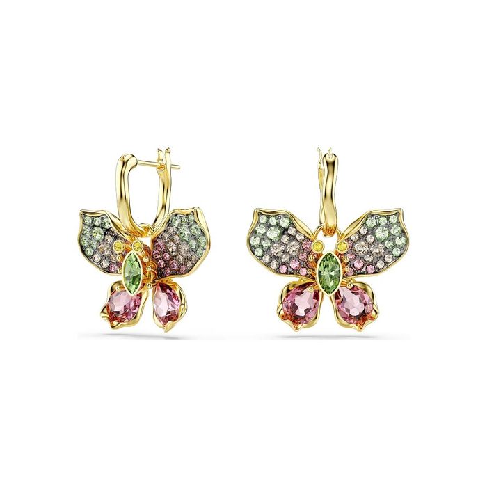 Brincos Swarovski de base dourada com pendente em forma de borboleta cravadas de cristais coloridos.