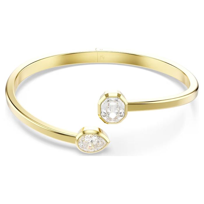 Pulseira feminina da Swarovski em dourado com um cristal incolor em cada ponta lateral.