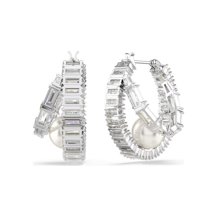 Argolas prateadas Swarovski em dois aros com cristais e com uma pérola sintética no centro interior.