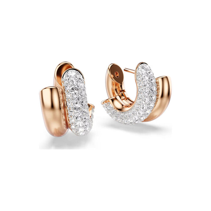 Brincos argolas swarovski femininos de cor rose gold com cristais swarovski vistos de lado.