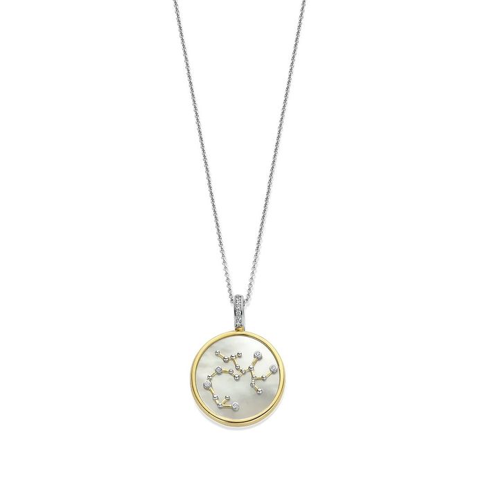 Colar Ti Sento com pendente circular com madrepérola e a constelação sagitário com pedras incolores.