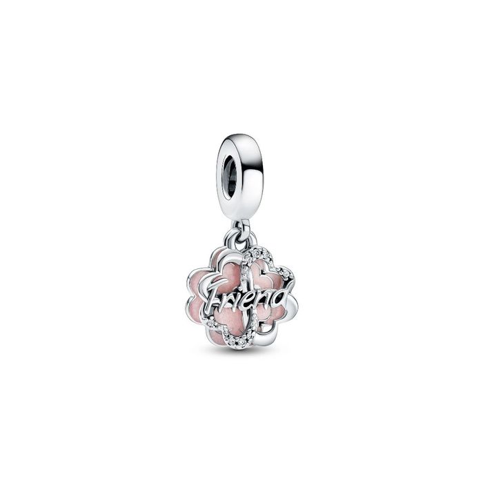 Conta Pandora prateada de dois pendentes em trevo, um com zircónias e outro com esmalte rosa.