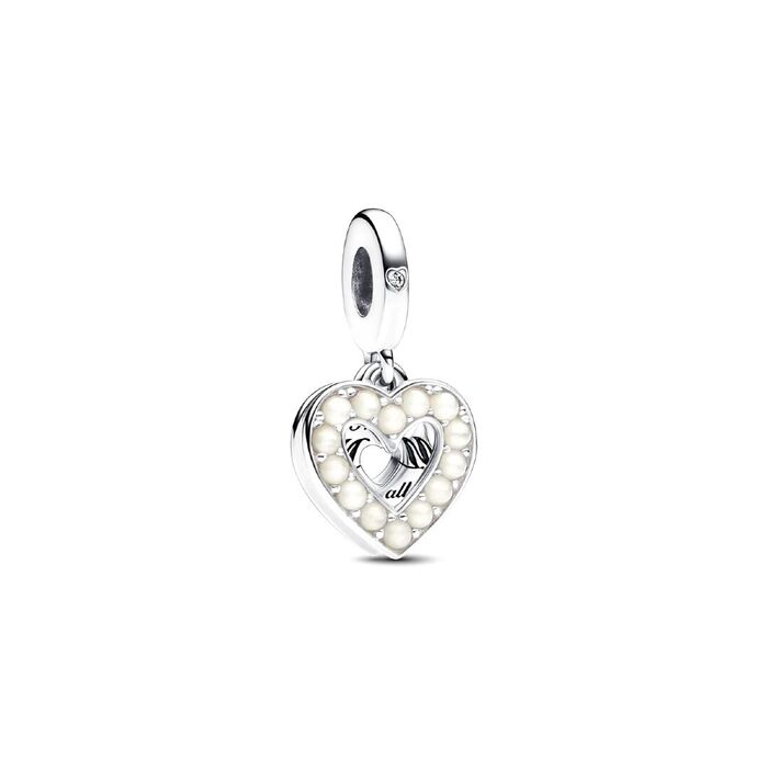 Conta Pandora prateada com uma zircónia e um pendente em coração com madrepérola na forma.