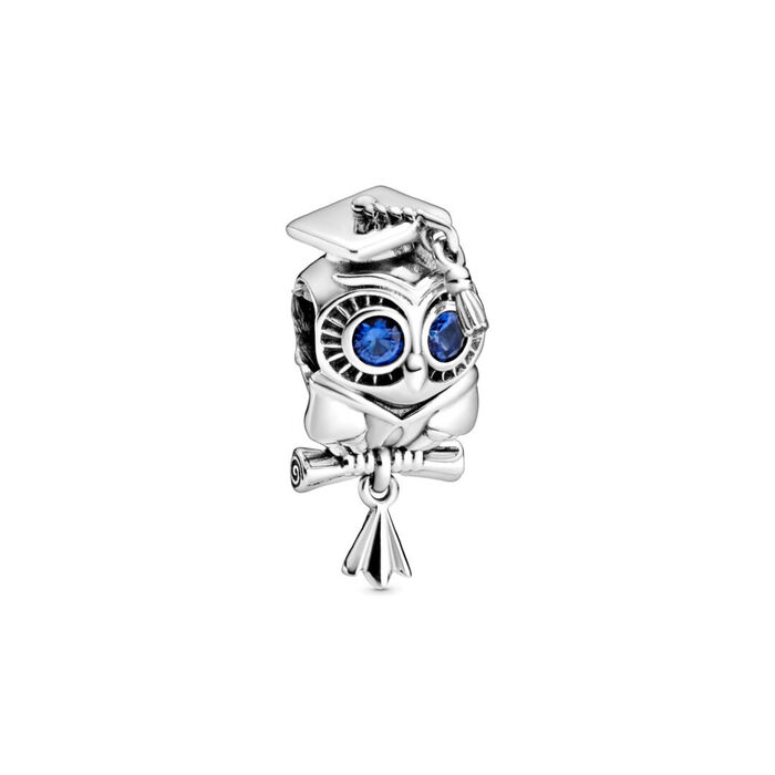 Conta Pandora de uma coruja com um chapéu e um diploma de graduação e com zircónias azuis nos olhos.