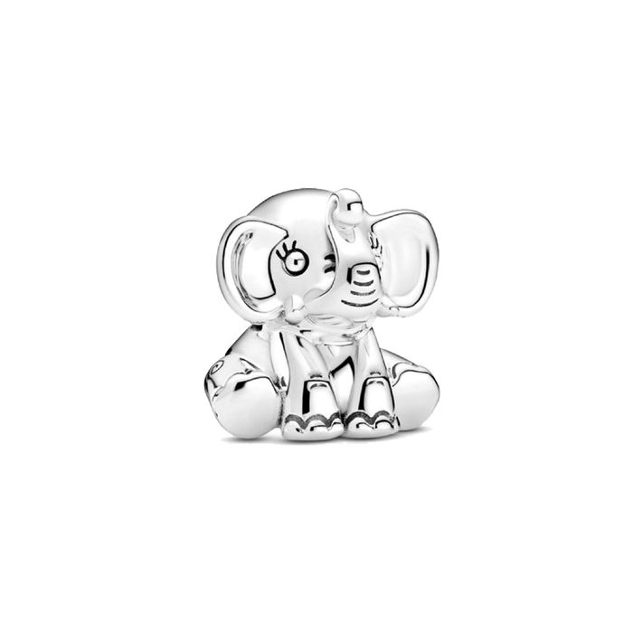 Conta Pandora prateada com a forma sentada de ellie o elefante.