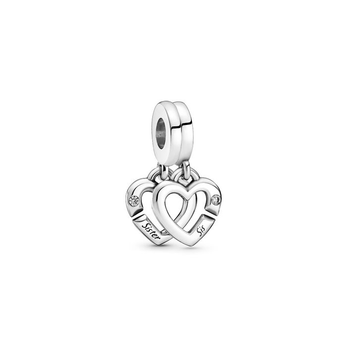 Conta Pandora divisível de dois corações e uma pedra cada, um com sister e outro com sis inscrito.