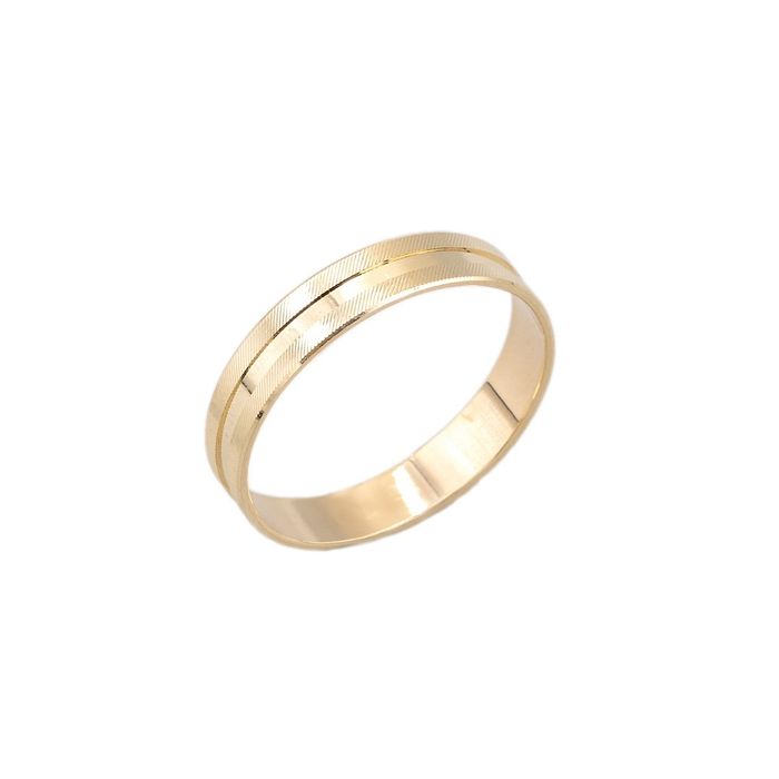 Aliança de casamento da Zerus em ouro amarelo de 9k em vista de perfil.