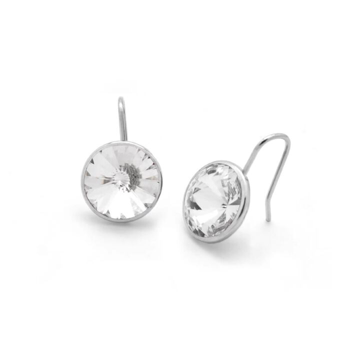 Brincos prateados Victoria Cruz em prata com um cristal Swarovski incolor circular em cada joia.