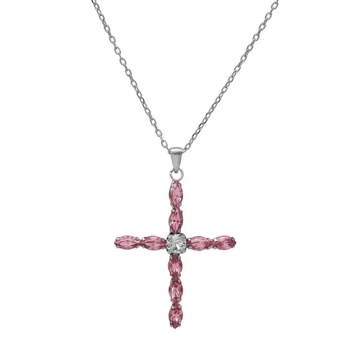 Colar prateado Victoria Cruz com pendente em cruz cravado de cristais Swarovski rosa e um incolor.