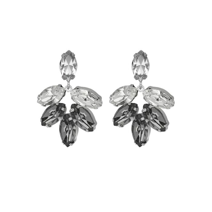 Brincos Victoria cruz com cristais Swarovski incolores e pretos desenhados em forma de folhas.