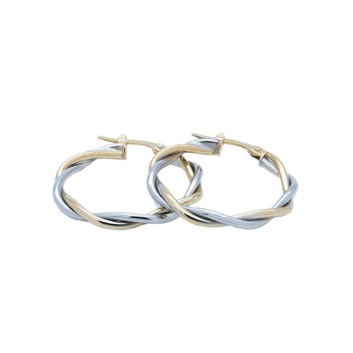 Argolas de mulher bicoloridas Zerus em ouro amarelo e branco de 9kl com dois aros que se entrelaçam.
