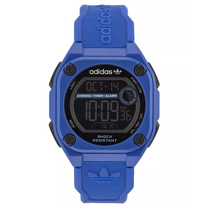 Relógio Adidas digital azul com bracelete silicone e caixa em material sintético.