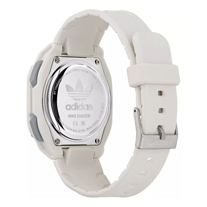 Relógios por parte de trás com a bracelete em silicone branco, com a caixa prateada com símbolo.