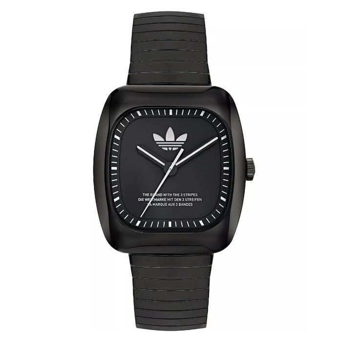 Relógio Adidas preto com formato quadrado, com ponteiros brancos e com símbolo no centro.
