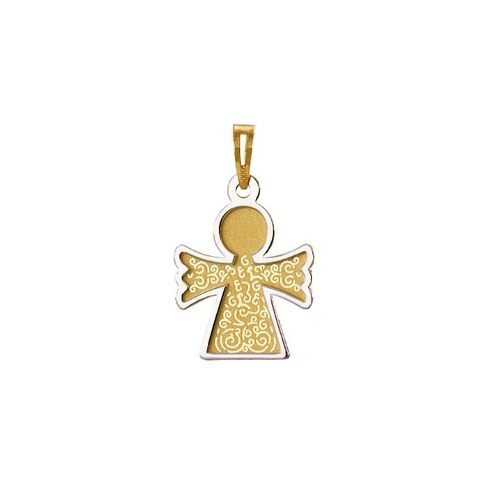 Medalha em ouro amarelo de dezanove quilates, com figura de anjo e friso em ouro branco em contorno.