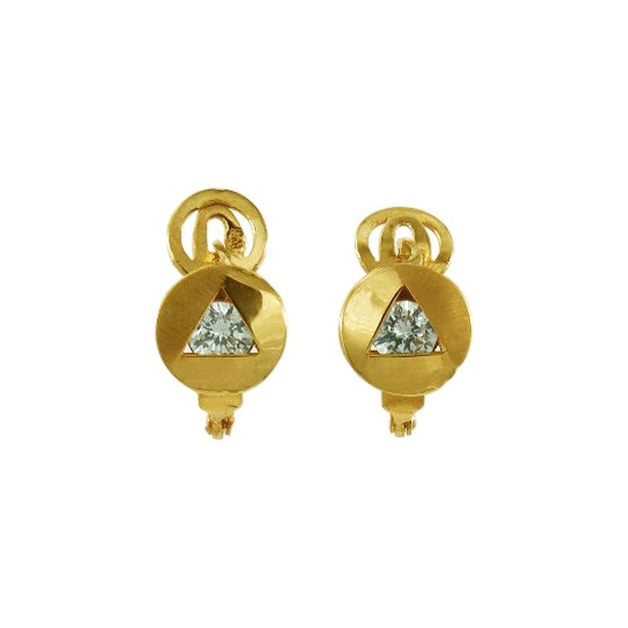 Par de brincos em ouro amarelo, de criança, com uma pedra zircónia no centro de um aro circular.